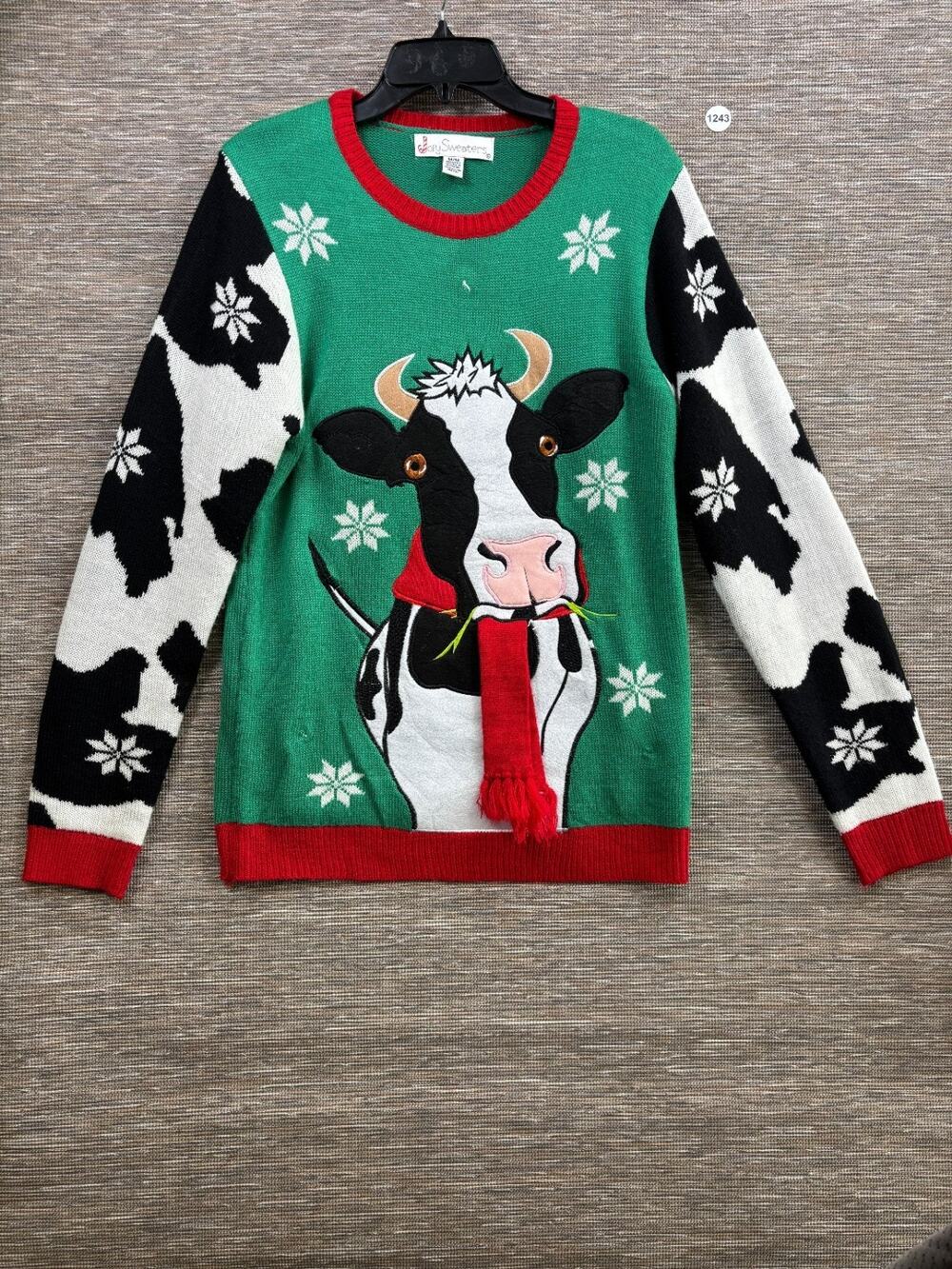 Cow Ugly Christmas Sweater Mens Size M Bell Scarf Holiday Jolly Snowflake Animal